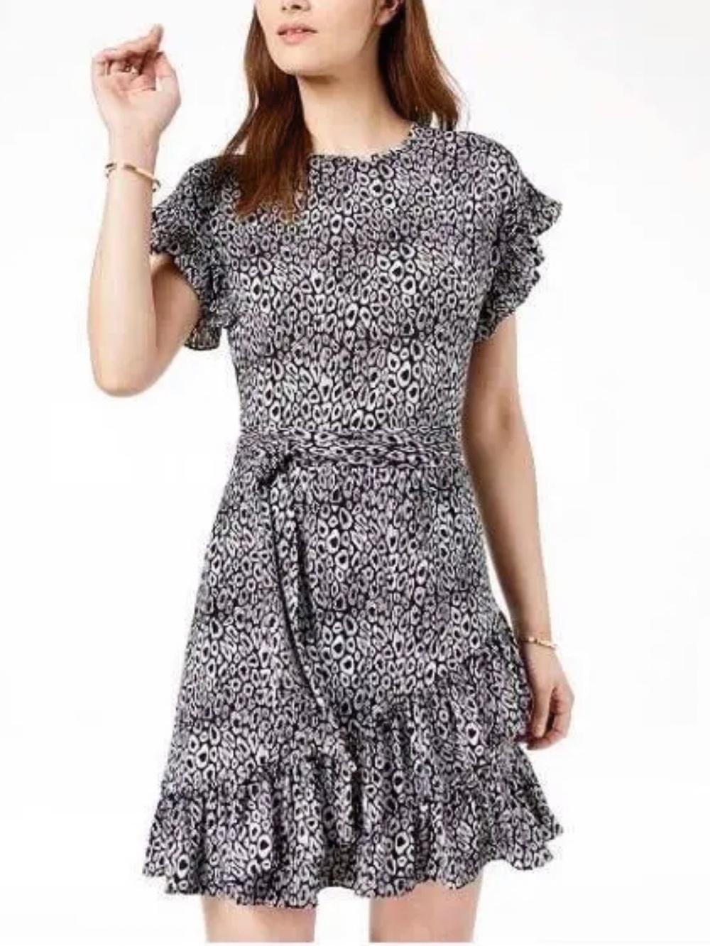 Michael Kors black white printed faux wrap mini dress